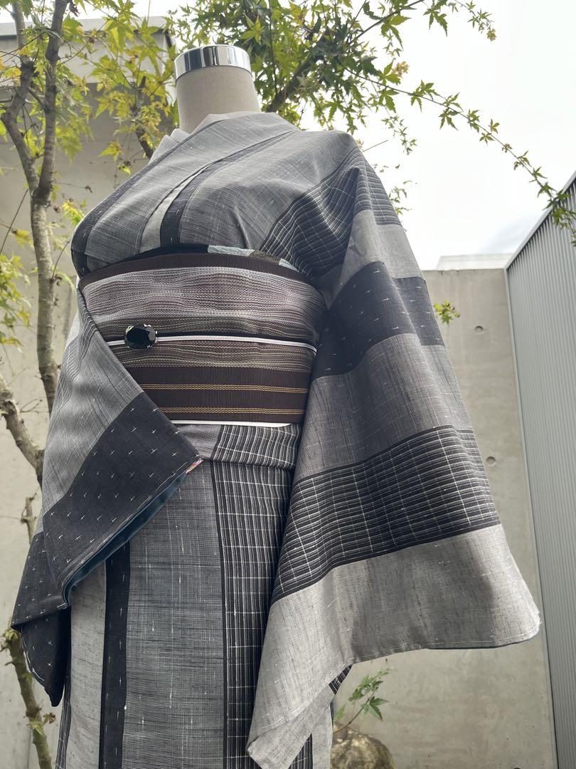 紬着物 黒グレー