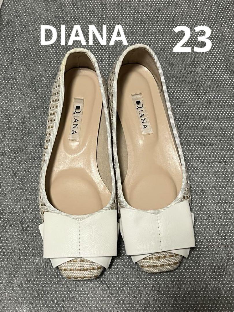 【23】DIANA フラットシューズ ホワイト リボン　パンプス　本革　レザー