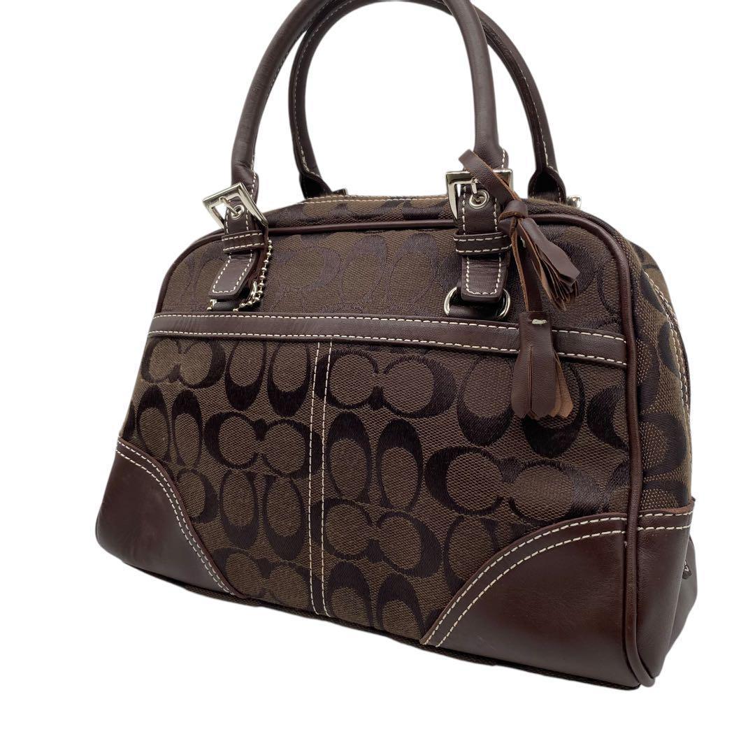 【美品】COACH ハンドバッグ 手持ち シグネチャー キャンバス レザー 濃茶