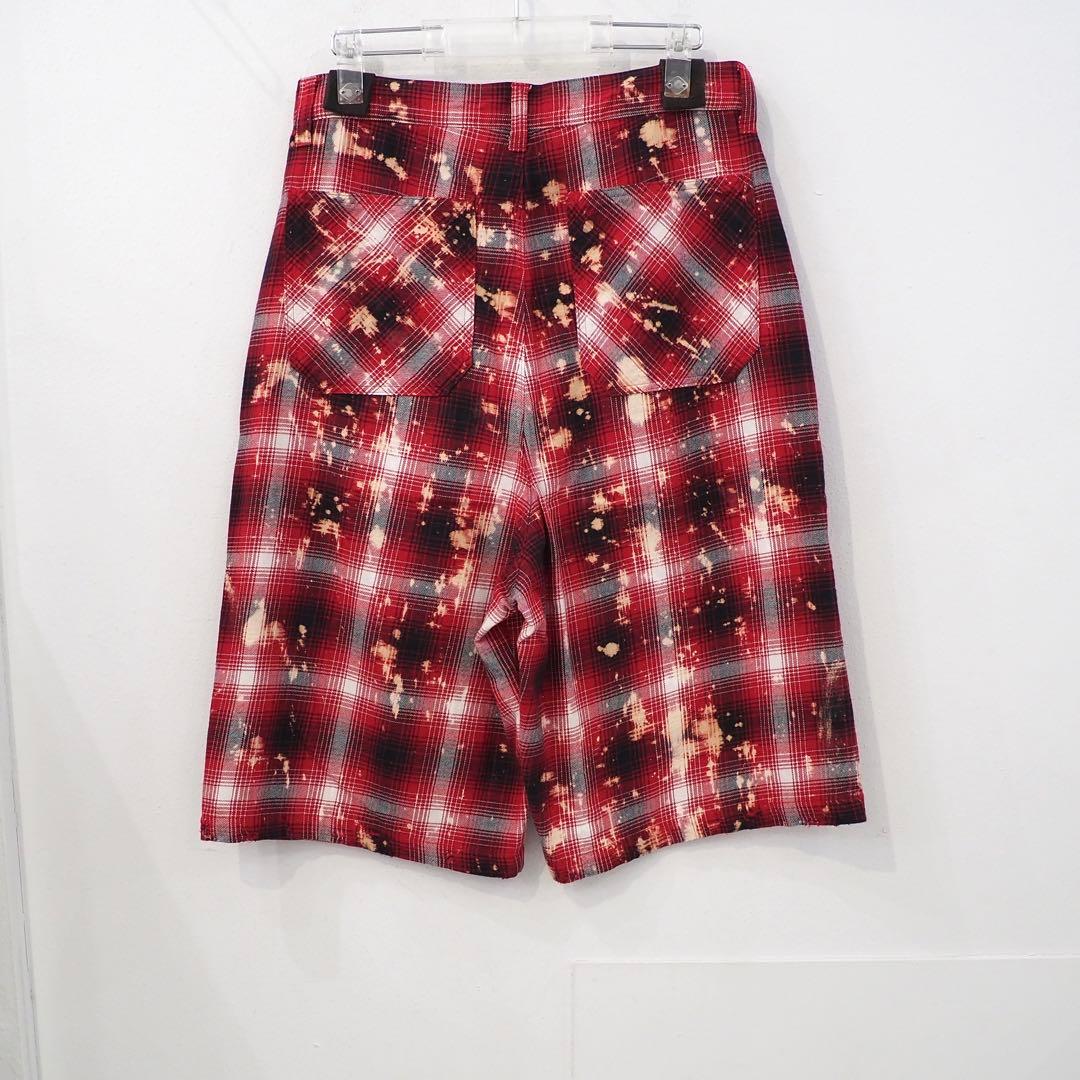 新品 定価47300円 ラフ チェック 加工 ダブルニー ショーツ 赤 レッド