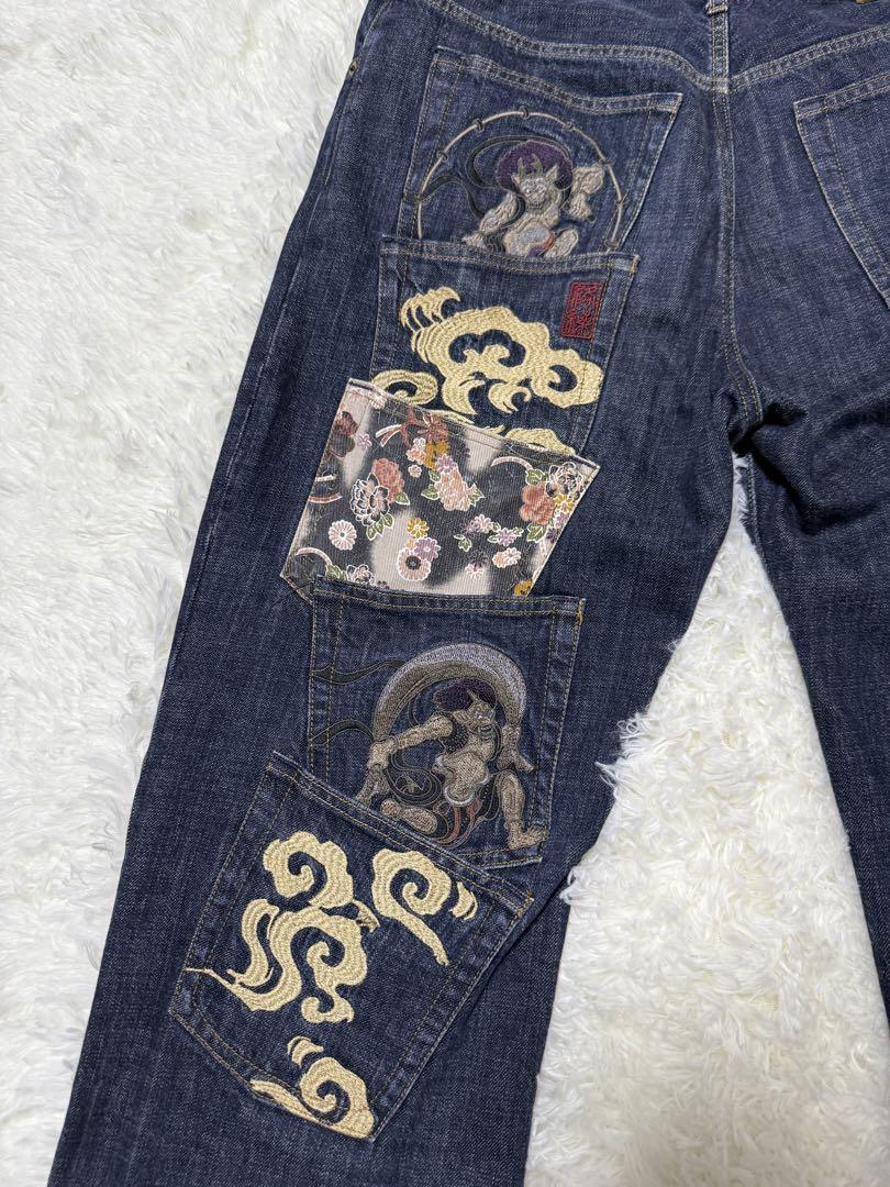 絡繰魂】風神雷神 刺繍 和柄デニムパンツ 和風ジーンズ W35 5段