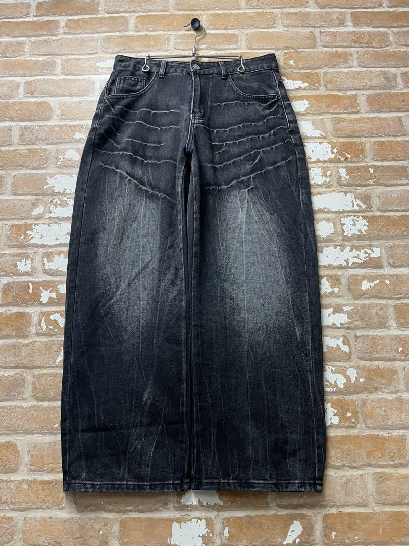 y2k ブラックデニム　グランジデニム　ヒゲ　ハチノス　バギーデニム　古着