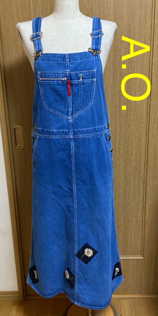 アツキオオニシ A.O. デニム ジャンパースカート 花柄 パッチワーク