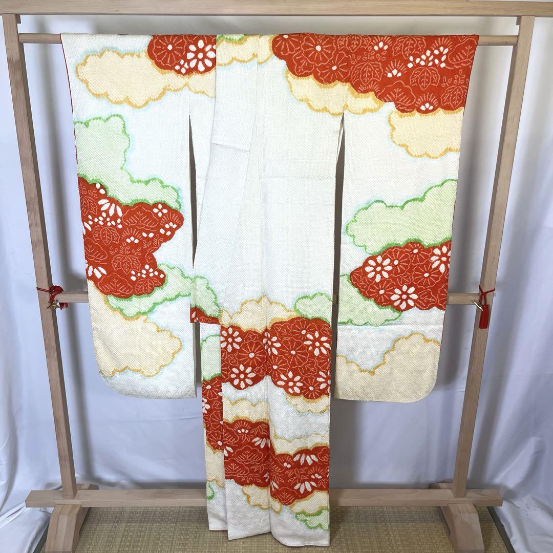 訪問着 美しい花模様 金通し 鹿の子模様 縮緬 海老赤色 K-4782 訪問着 美しい花模様 金通し 鹿の子模様 縮緬 海老赤色 K-4782