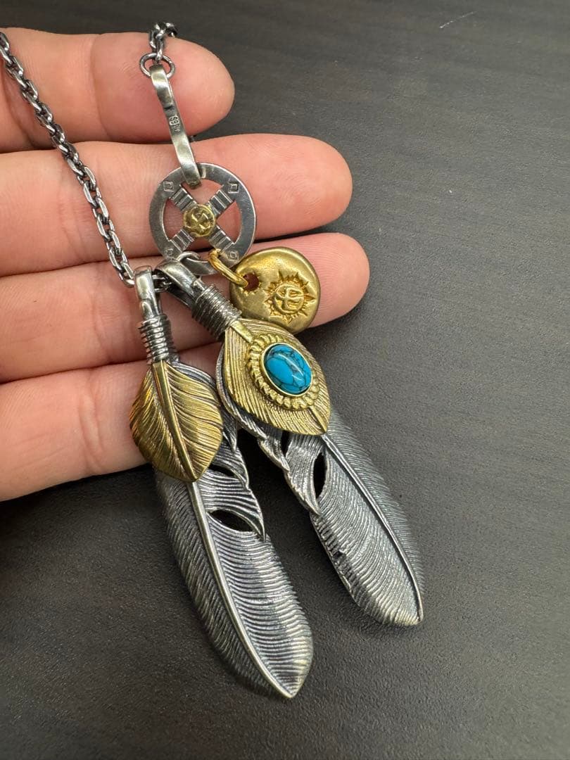 シルバー925 素材 重厚感抜群 特大フェザー2枚 ネックレス チェーンセット新品、♥