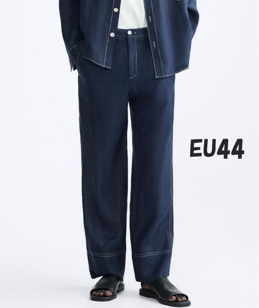 ZARA トップステッチリネンパンツ　JP34