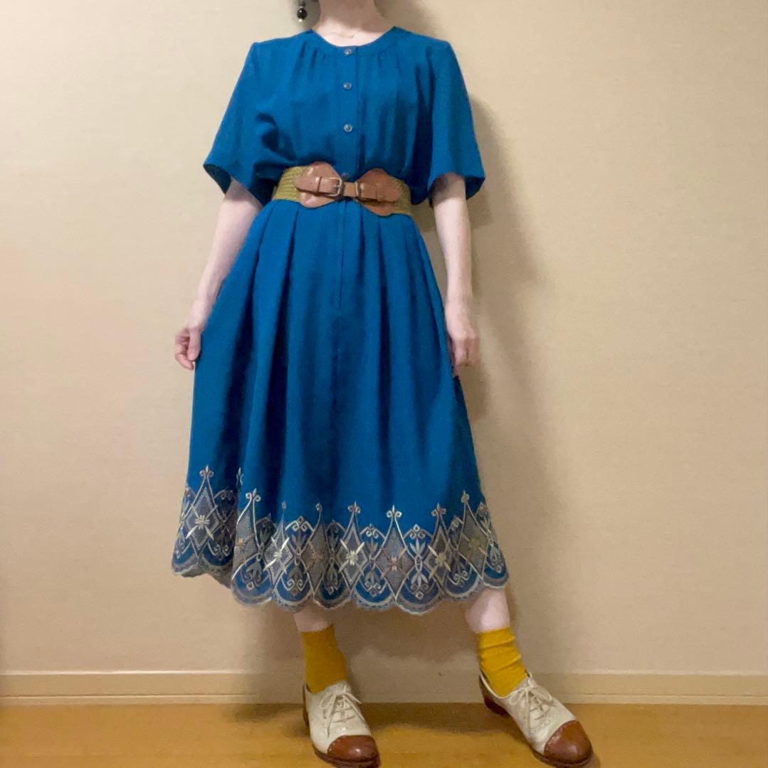 スカラップ 裾刺繍入り ロングワンピース 昭和レトロ ヴィンテージ 日本製 青