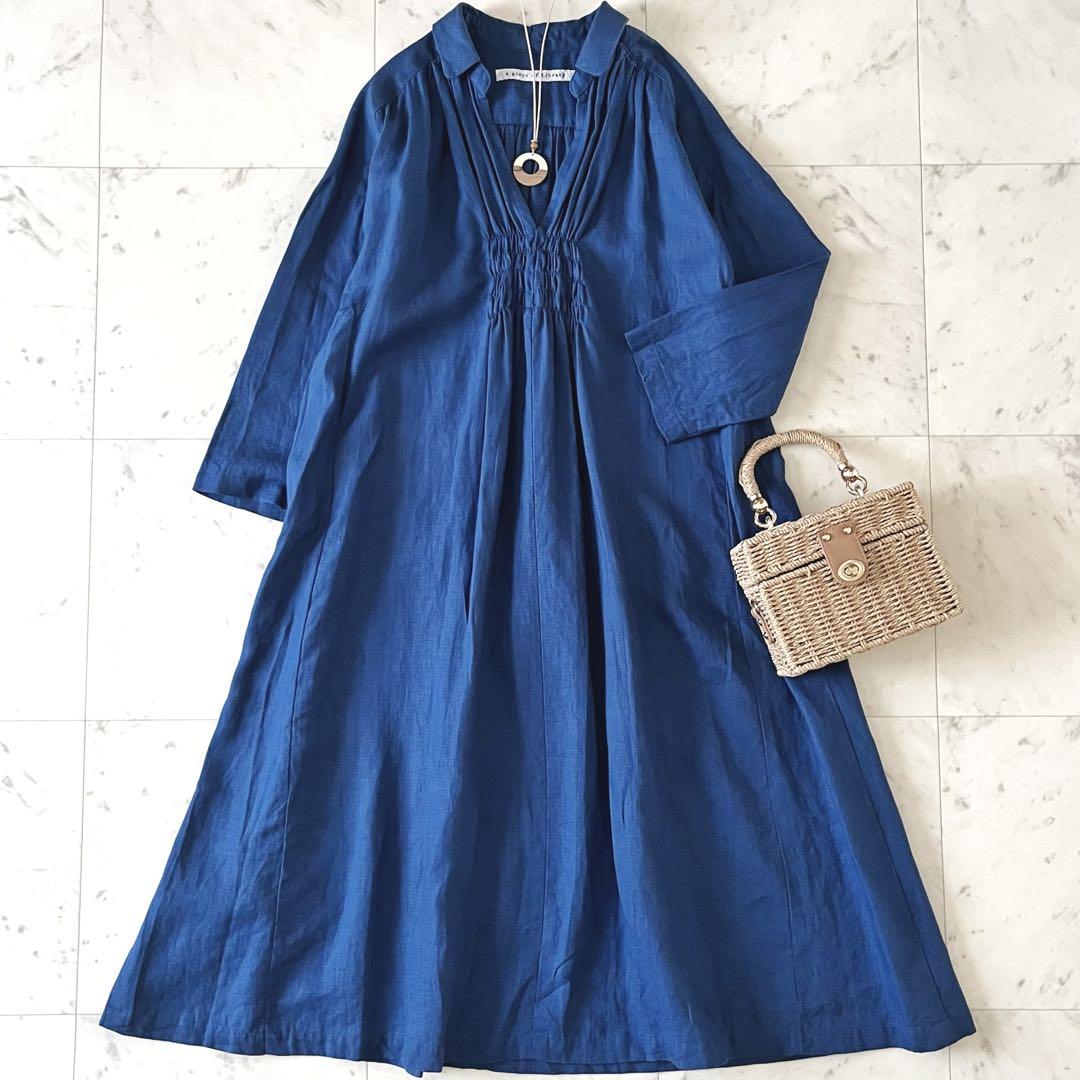 美品＊アピースオブライブラリー リネンワンピース ブルー 麻100