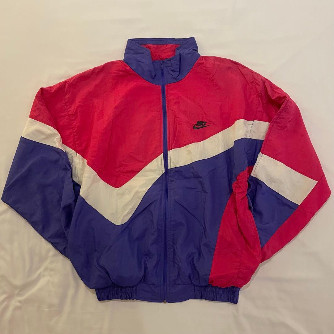 希少USA製 NIKE 90s ナイロンジャケット 刺繍ロゴ 切替 赤 紫 白