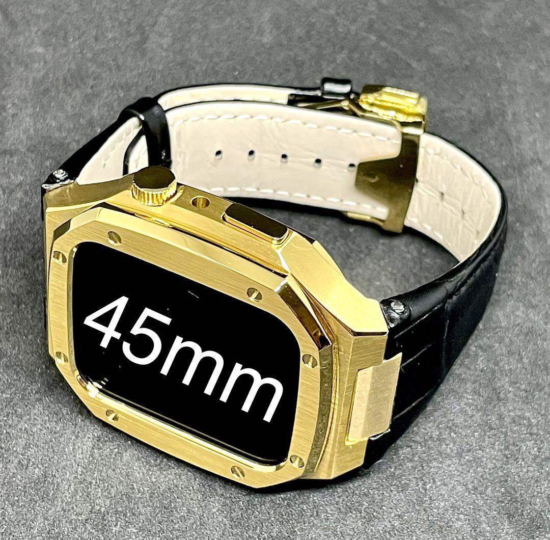 Apple Watch ケース 45mm ブラックレザーベルト