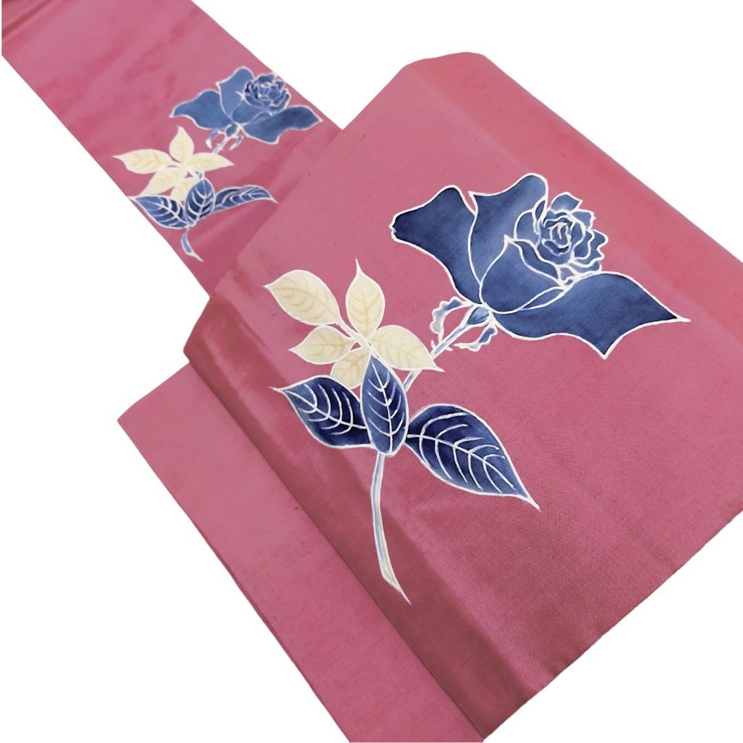 【名古屋帯】薔薇模様 手描き 紬 正絹　レトロモダン　カジュアル　アンティーク 名古屋帯】薔薇模様 手描き 紬 正絹 レトロモダン カジュアル