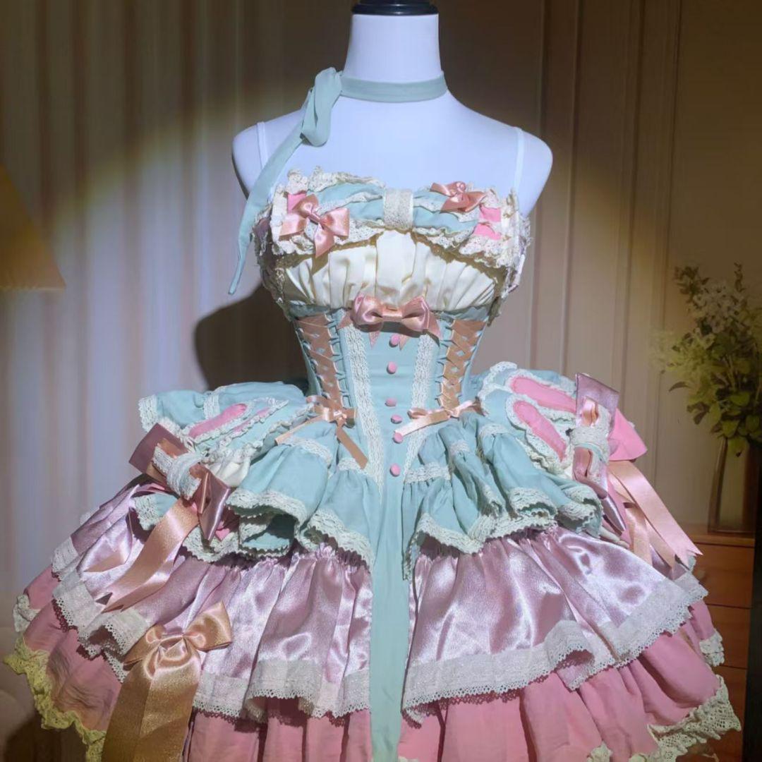 【あすつく】 初チェリーウサギ】ピンクグリーングラデーション ロリータ コスプレ衣装