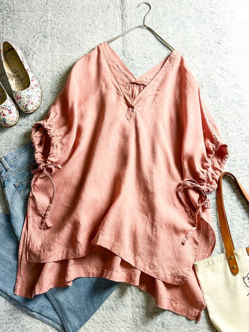 【23区】LIBECO 麻100% ワイドシルエット リボンブラウス 38ピンク