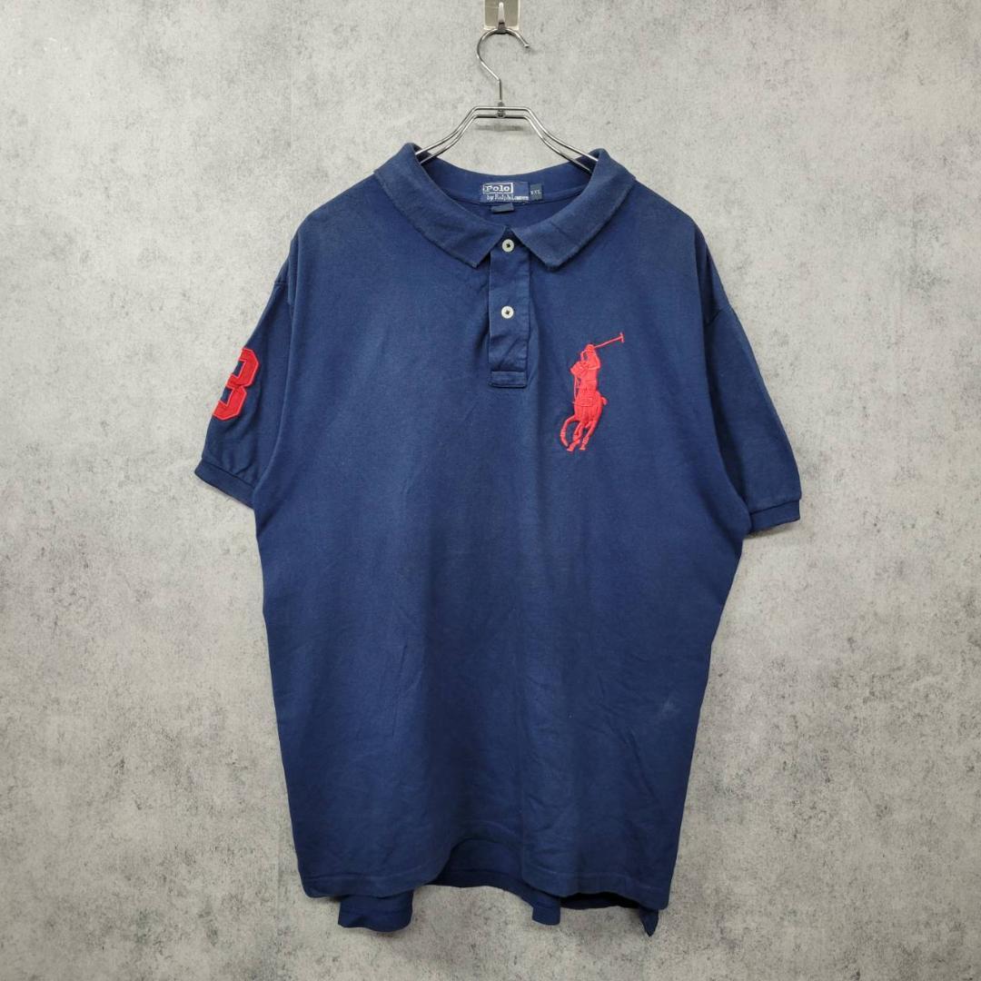 90s ポロ ラルフローレン 刺繍ロゴ ポロシャツ ネイビー XXL
