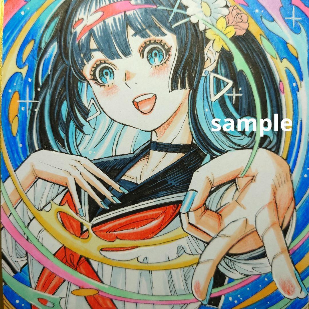 【手描きイラスト 166】オリジナル原画 色紙 美人画「女子高生総天然色ビーム」
