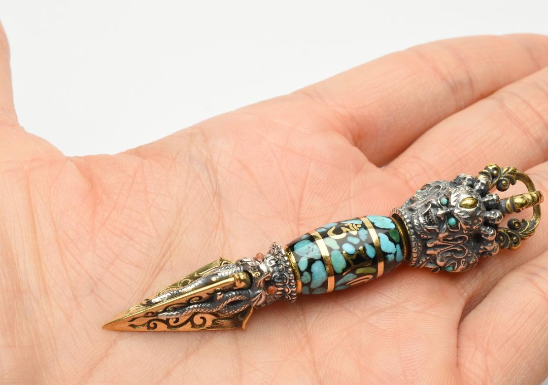 ターコイズ＆赤瑪瑙74x15.5mm 九眼天珠金剛杭 チベット