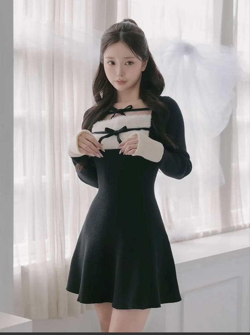 Darich リボンファーフレアニットミニワンピース