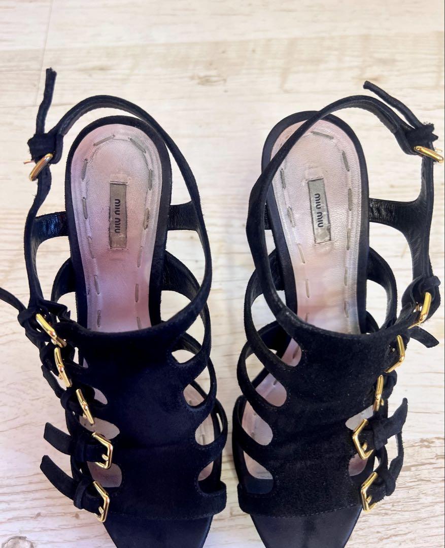 Miu Miu 黒 スエード レザー　サンダル ハイヒールブラック　ミュウミュウ Miu Miu 黒 スエード レザー サンダル ハイヒールブラック