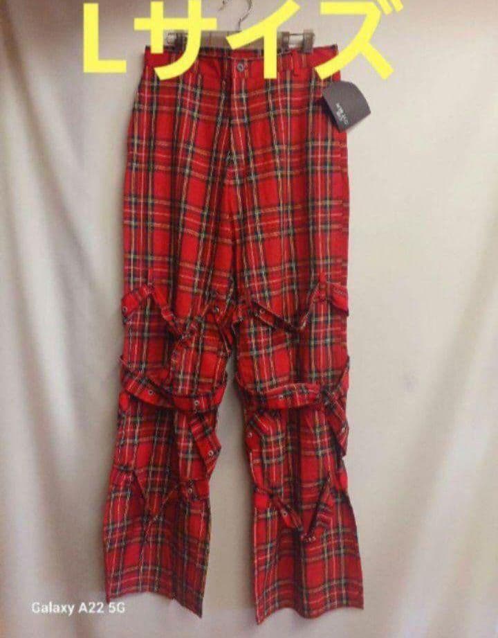 MAD メンズ タータンチェック ボンテージパンツ 赤 L