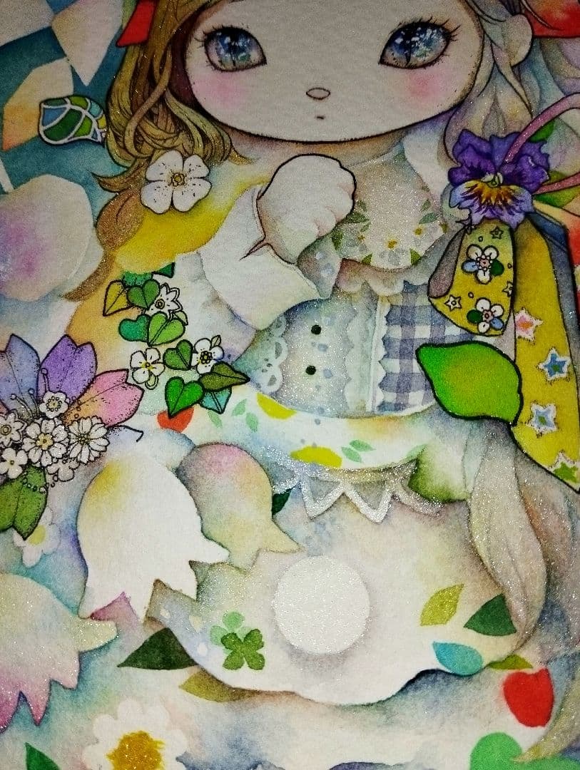 手描きイラスト　ハンドメイド　アナログ　水彩画　猫耳の少女　水彩イラスト