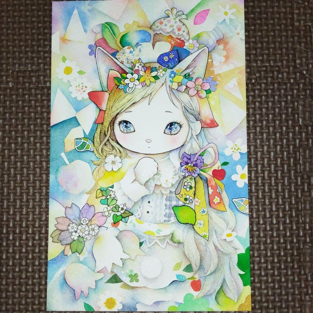 手描きイラスト　ハンドメイド　アナログ　水彩画　猫耳の少女　水彩イラスト