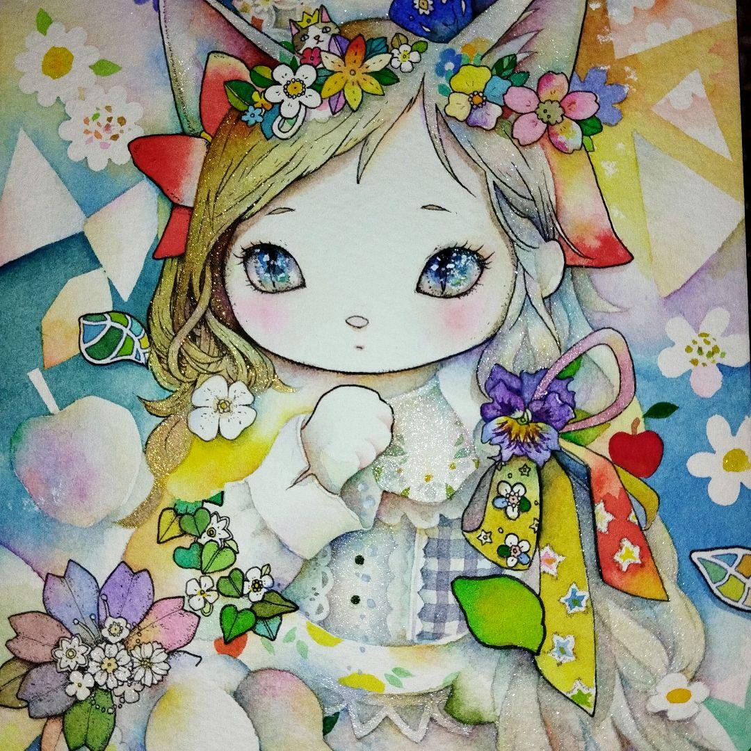 手描きイラスト　ハンドメイド　アナログ　水彩画　猫耳の少女　水彩イラスト