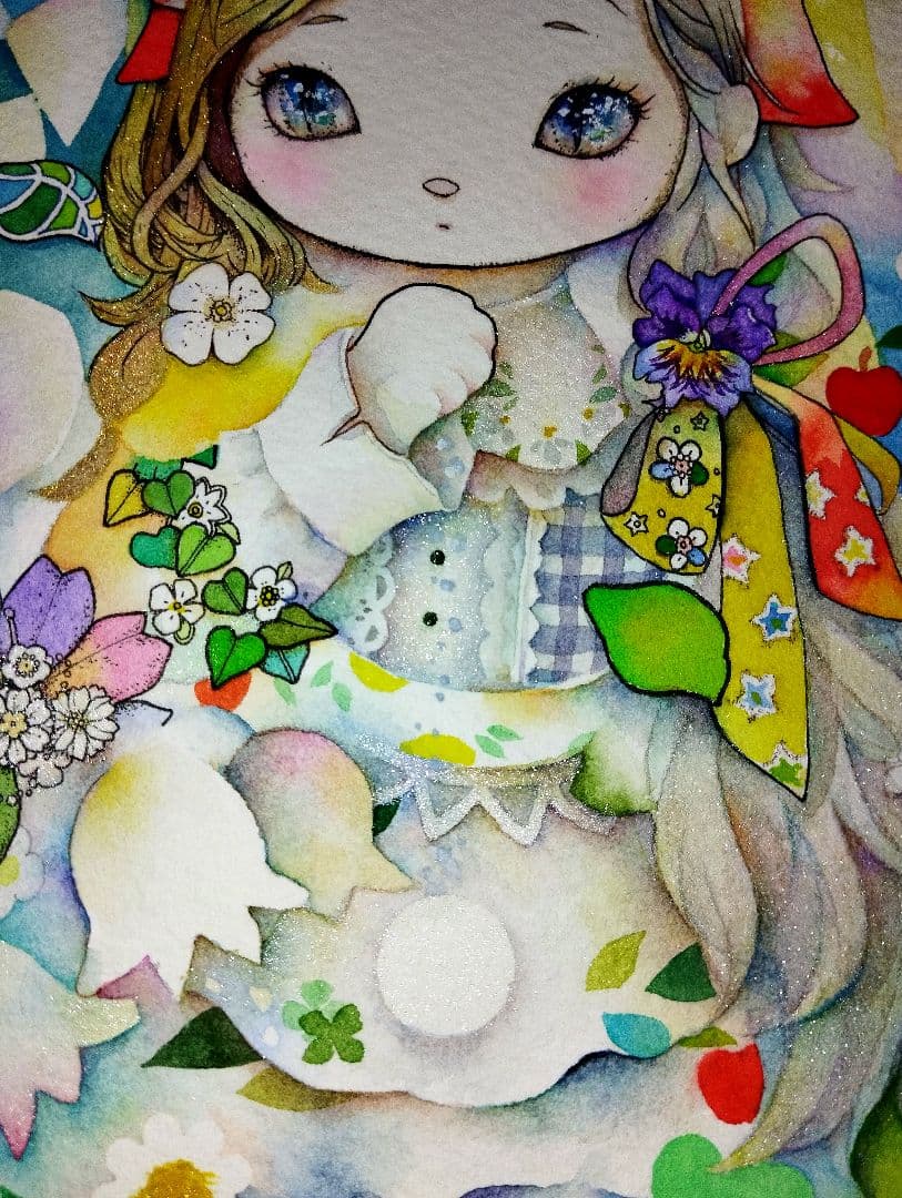 手描きイラスト　ハンドメイド　アナログ　水彩画　猫耳の少女　水彩イラスト
