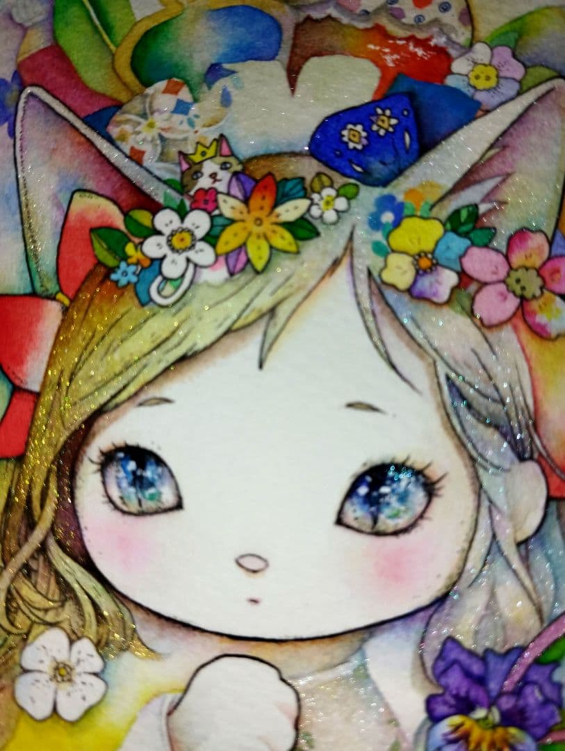 手描きイラスト　ハンドメイド　アナログ　水彩画　猫耳の少女　水彩イラスト