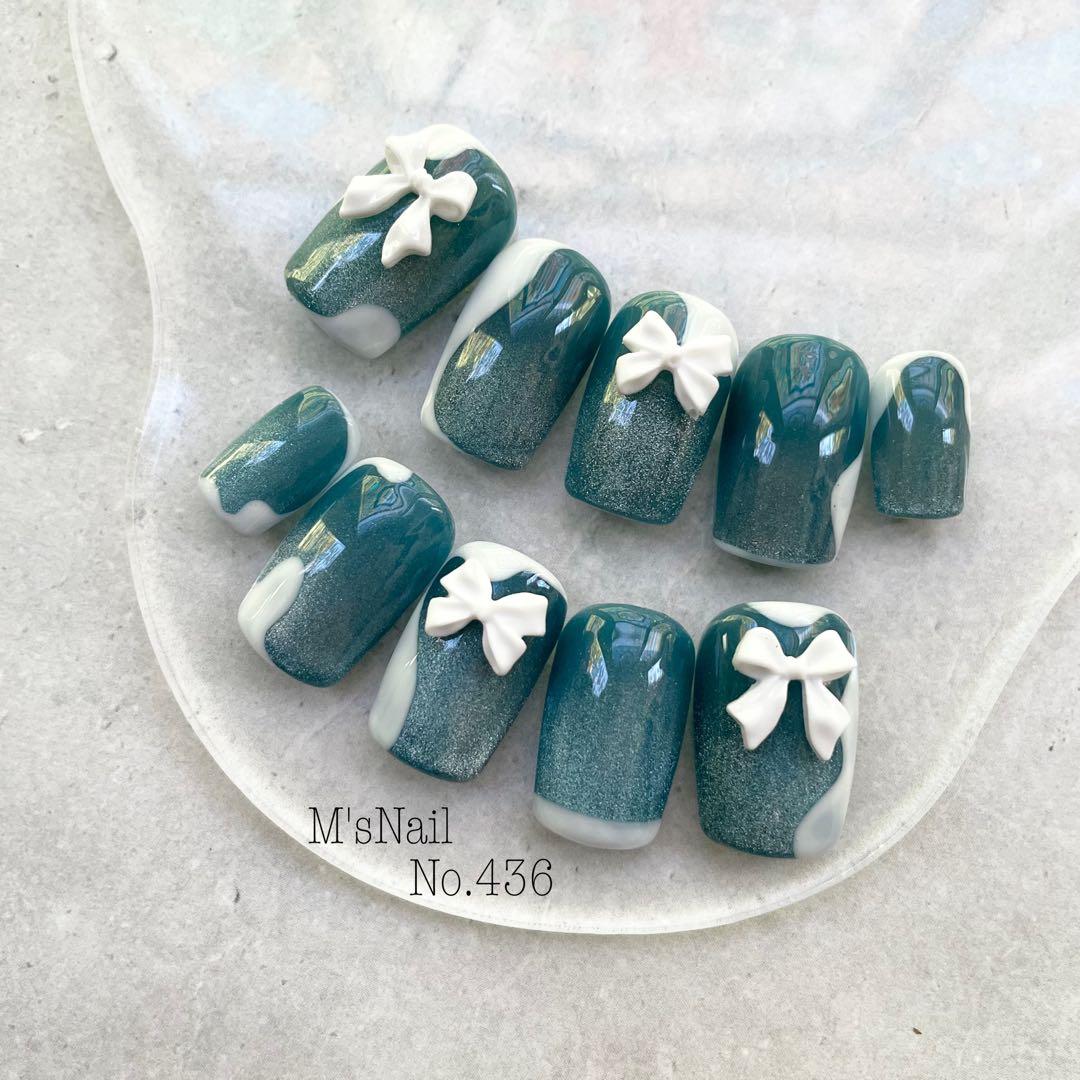 ネイルチップ マグネット 青 リボン 韓国 キラキラ ちゅるん うるうる