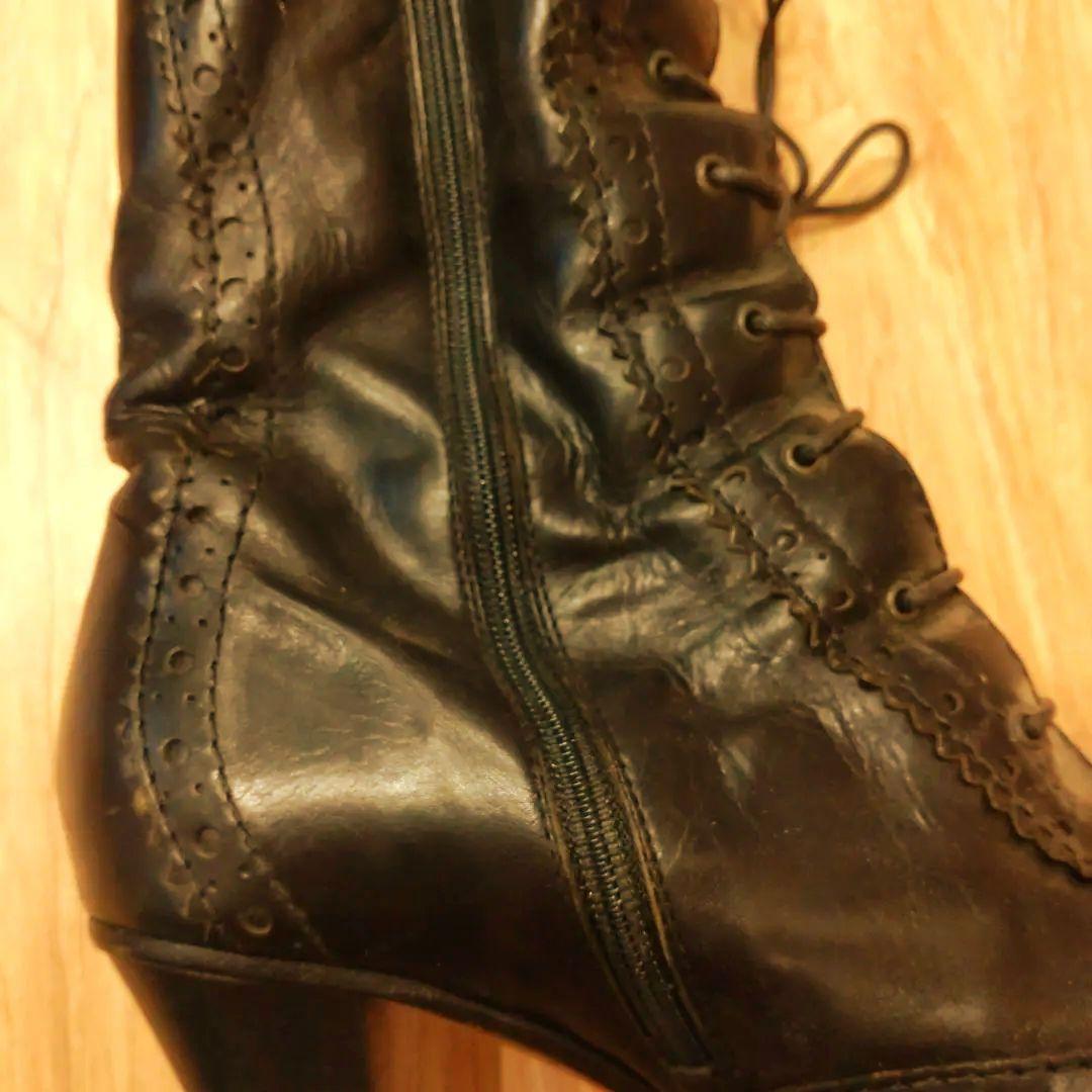 ブラックレザーブーティ 中ヒール23.5cm