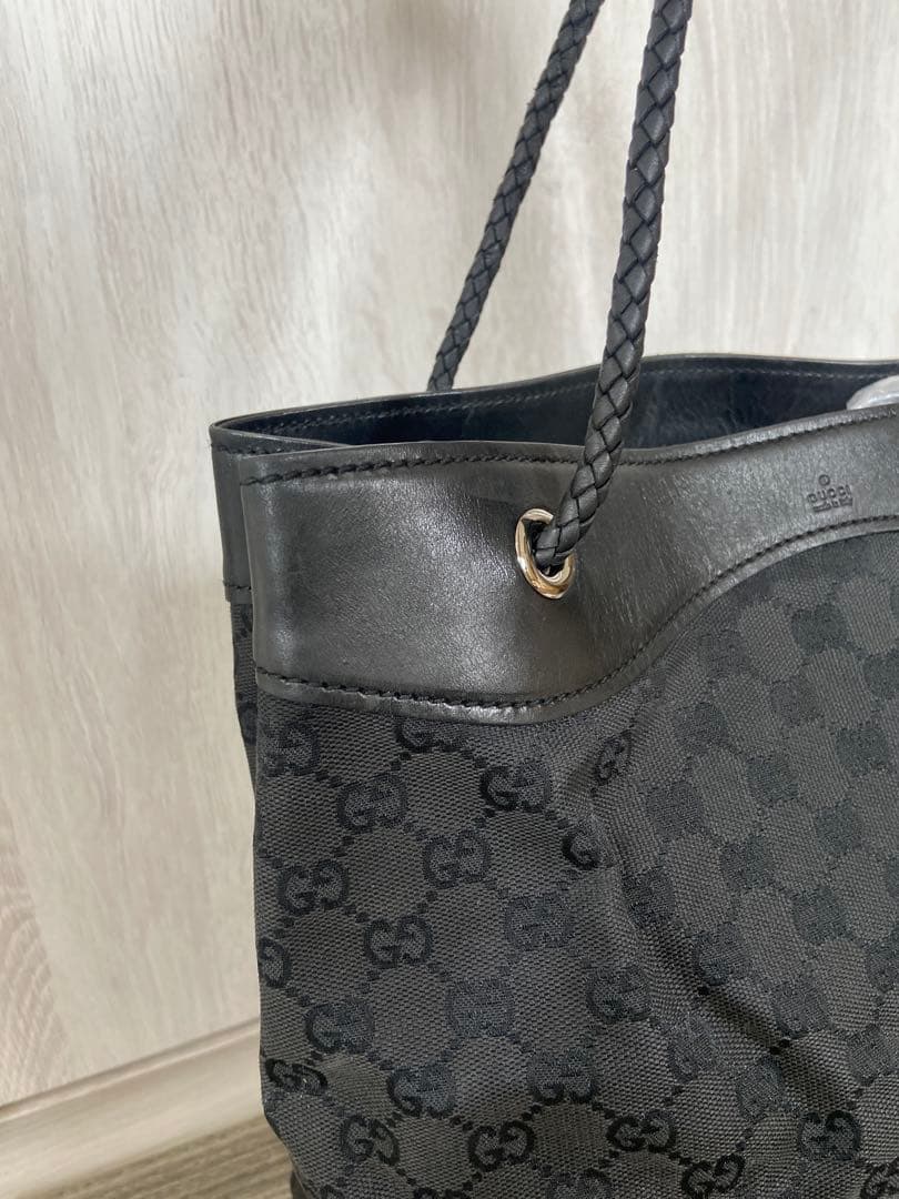 GUCCI トートバッグ GG柄 キャンバス レザー 編み込み ブラック 大容量 GUCCI トートバッグ GG柄 キャンバス レザー 編み込み ブラック 大容量