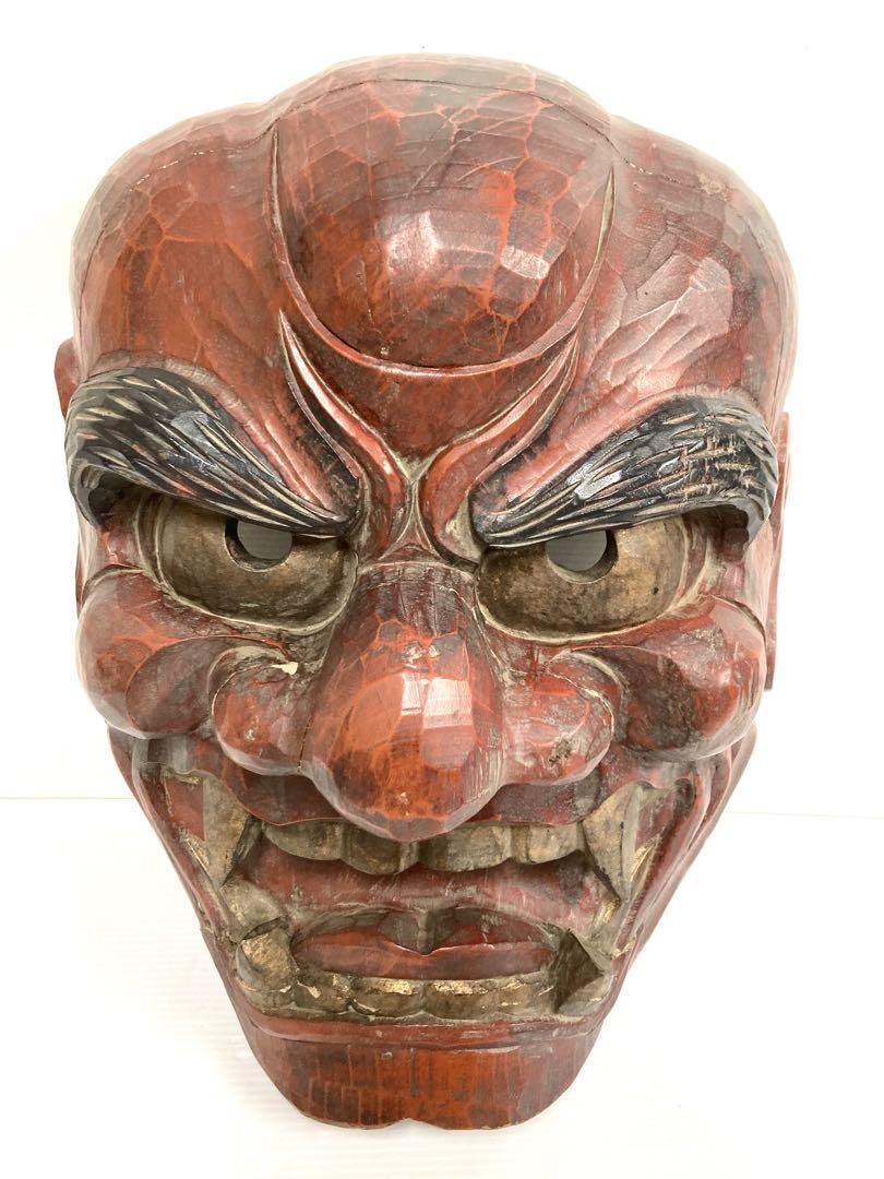 o*i様 大迫力！◆赤鬼面◆木彫り 特大 壁掛け 縦51cm×横38cm 旧家蔵