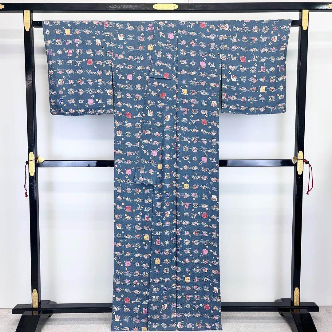 単衣 小紋 型染 松竹梅 菊 楓 縮緬 乳白色 K-3951 着物 きもの