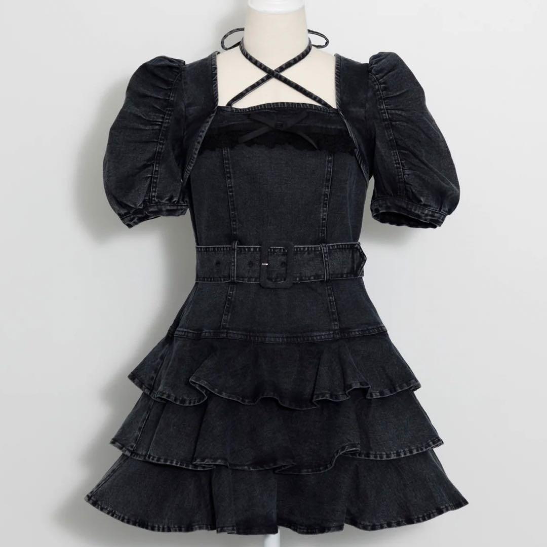 pium ティアードフリルミニワンピース ブラック デニム