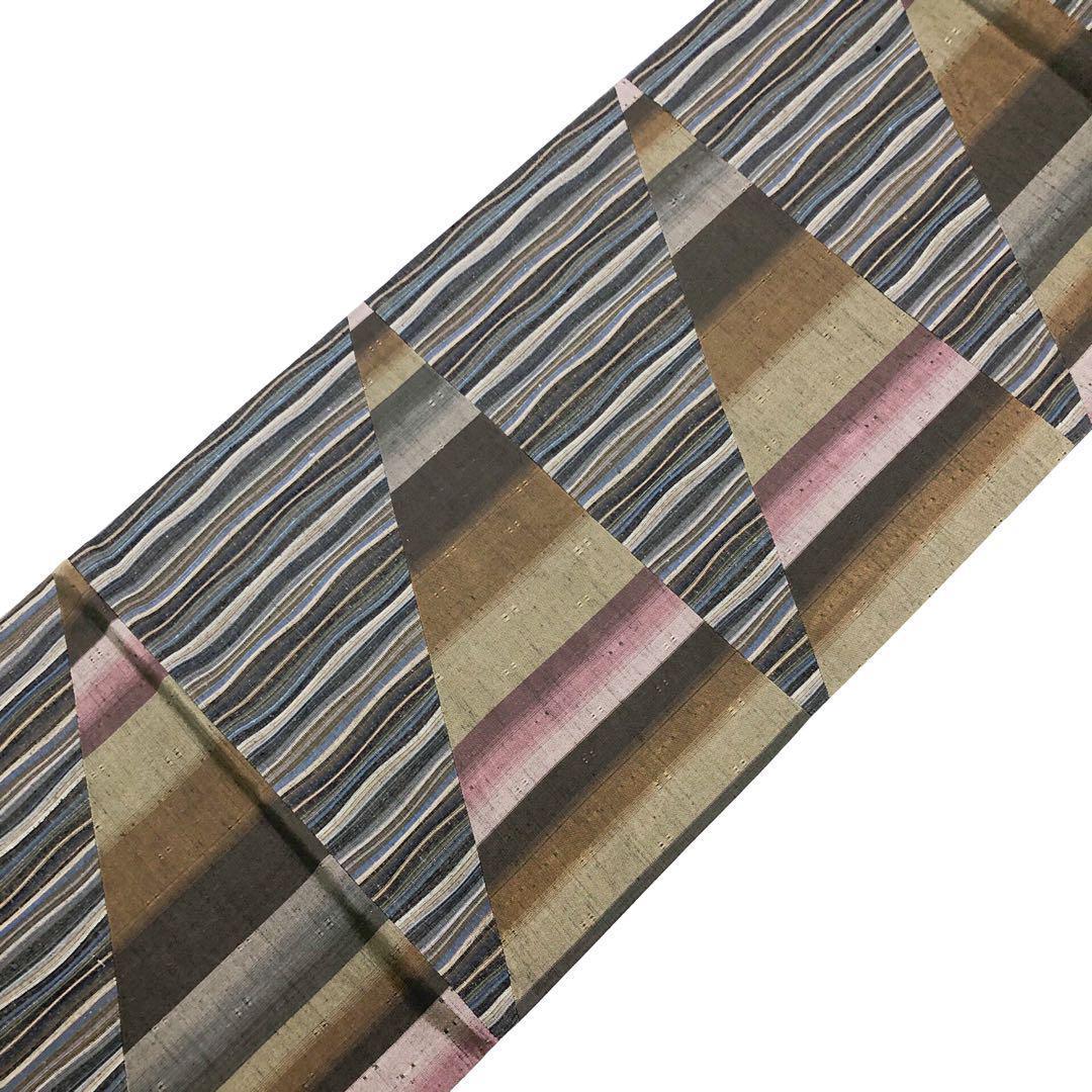 袋帯 紬 切嵌 縦柄よれ縞模様 落ち着いた色彩 O-4836 袋帯 紬 切嵌 縦柄よれ縞模様 落ち着いた色彩 O-4836