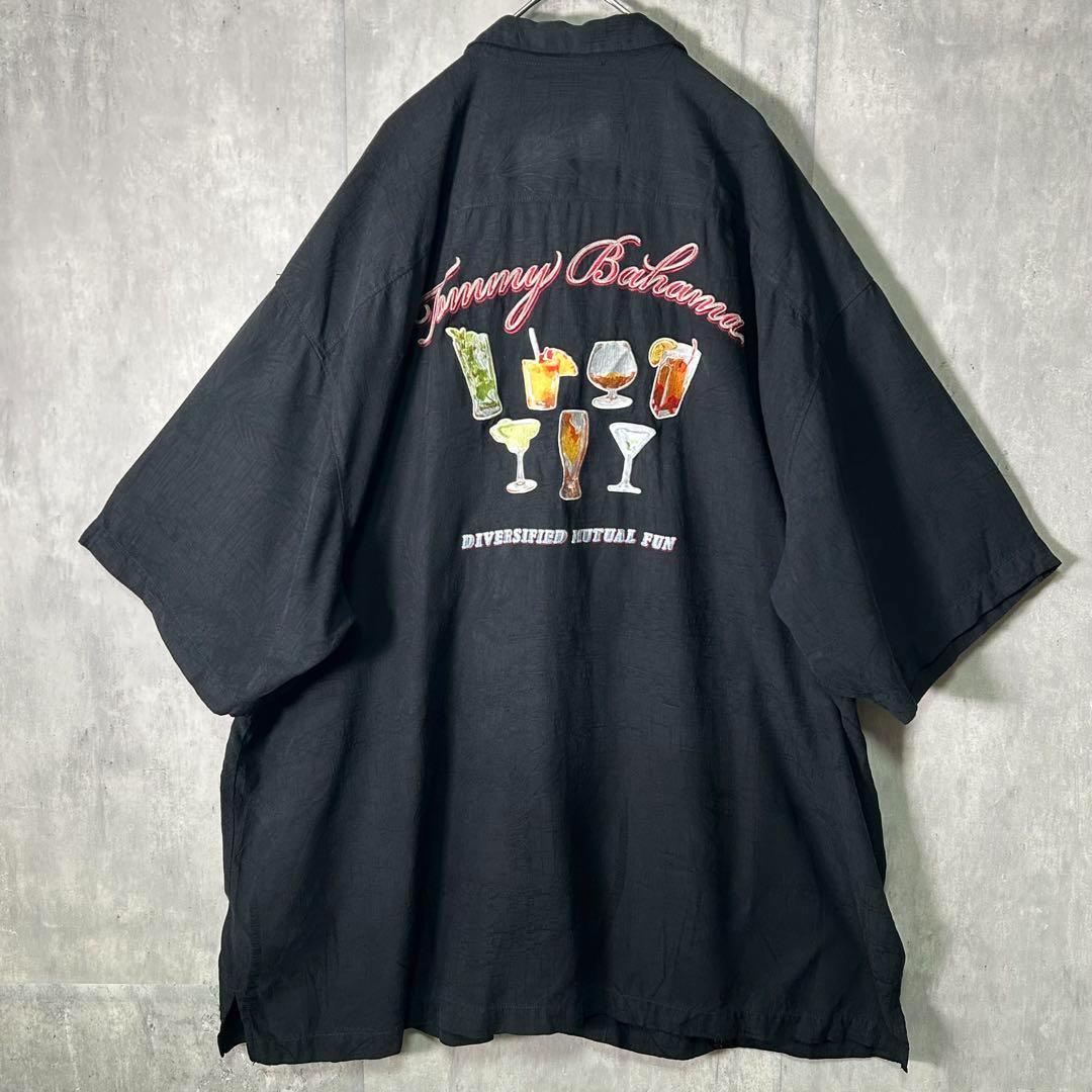 Tommy Bahama シルク バック刺繍 ステッチ 総柄 シャツ 黒 XXL