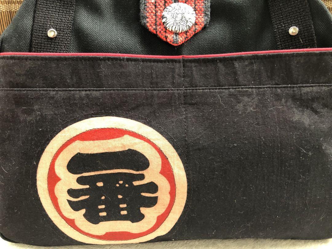 大容量マチたっぷりボストン風がま口バッグ・ハンドメイド柿渋染め纏柄あおりがま口