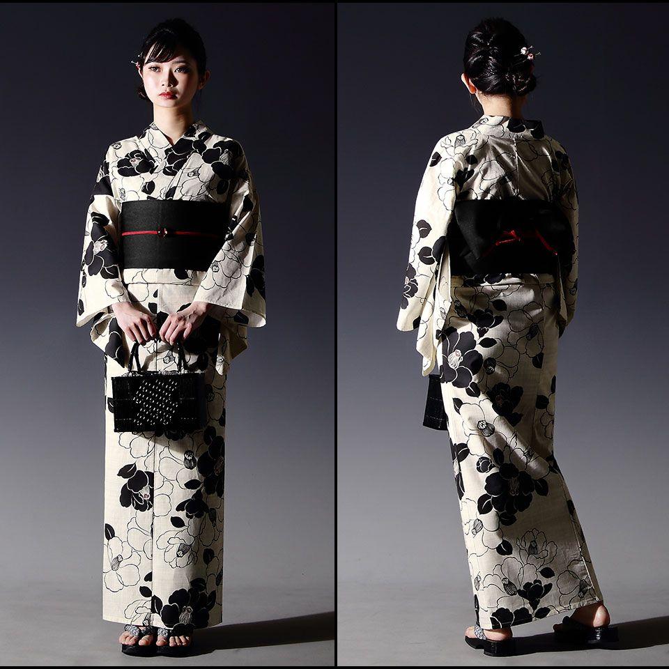 【浴衣3点セット】生成りに白黒椿 美品 フリーサイズ 新品未使用品 浴衣3点セット】生成りに白黒椿 美品 フリーサイズ 新品未使用品