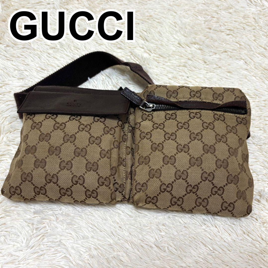 GUCCI GG柄　キャンバス　ボディーバッグ　レザー 定番 GUCCI ボディーバッグ ウエストバッグ キャンバス レザー GG柄