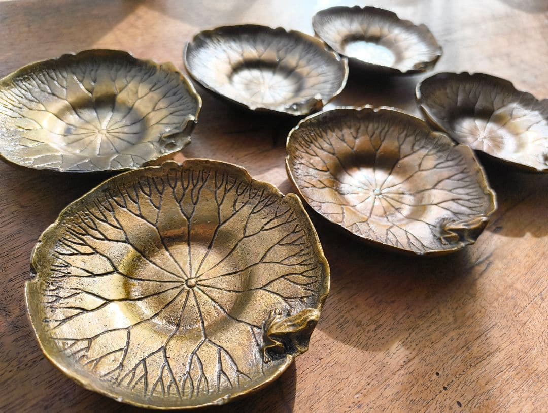 本間琢斎 茶托 6枚セット 蓮に蛙 佐渡銅器 煎茶道具