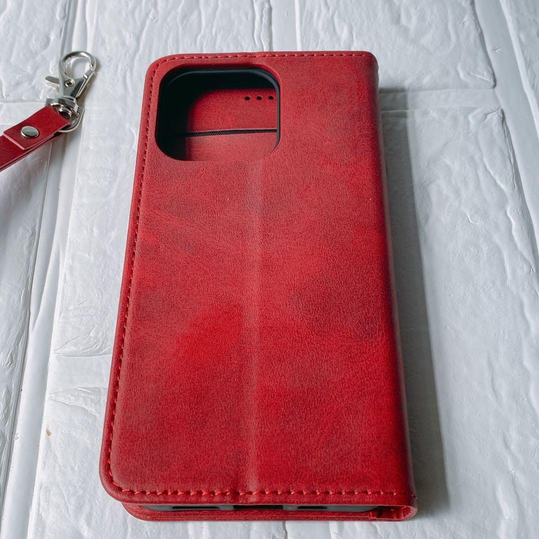 iPhone 13 pro ケース 手帳型 ストラップ付き マグネット式レッド