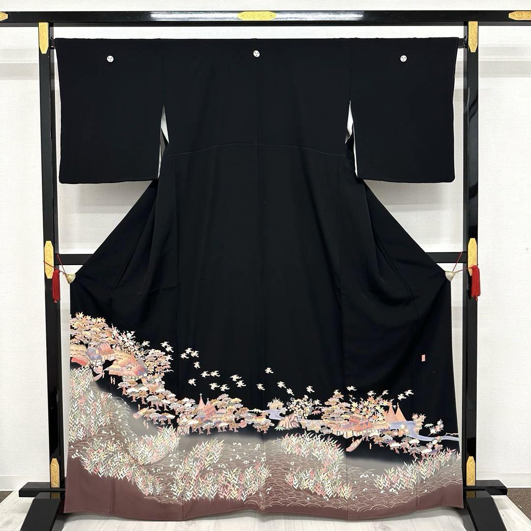 作家物 友禅 黒留袖 美しい染柄 裄66 着物 正絹 五つ紋 広衿RK-3454