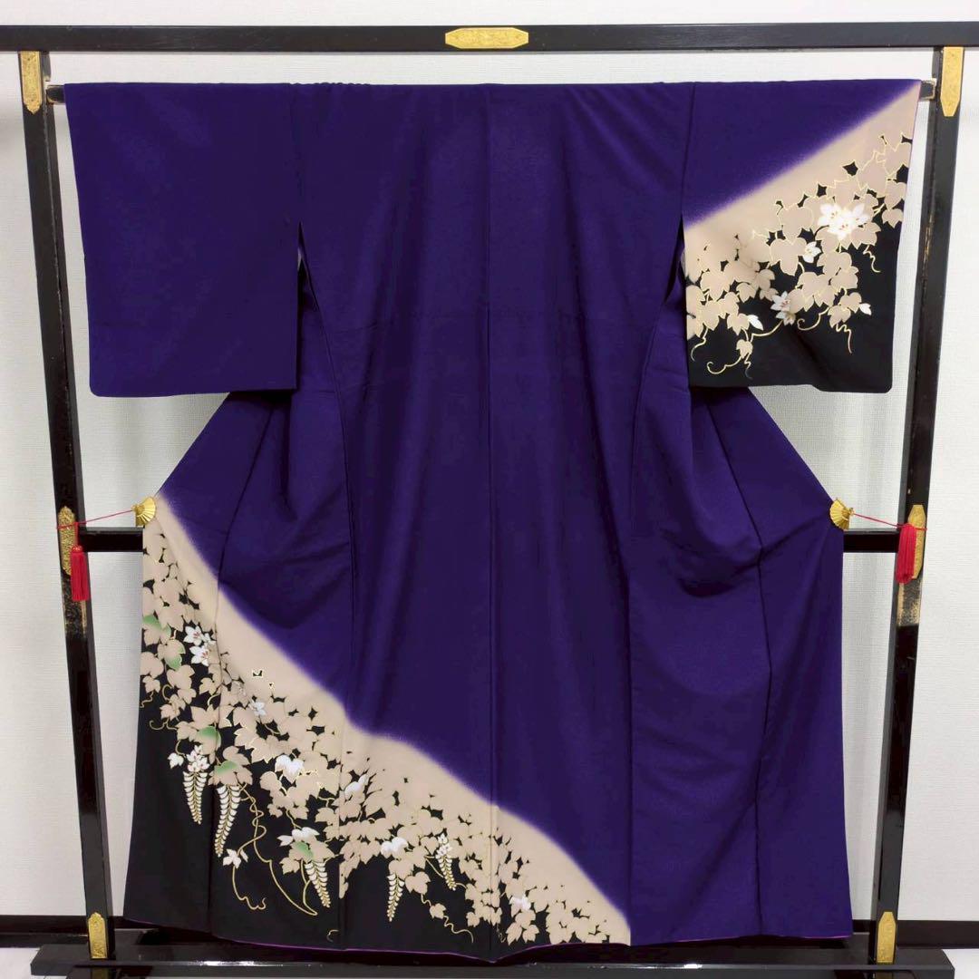 単衣 洗える着物 金彩 花柄 紋無し 裄66 付下げ 訪問着 着物 T