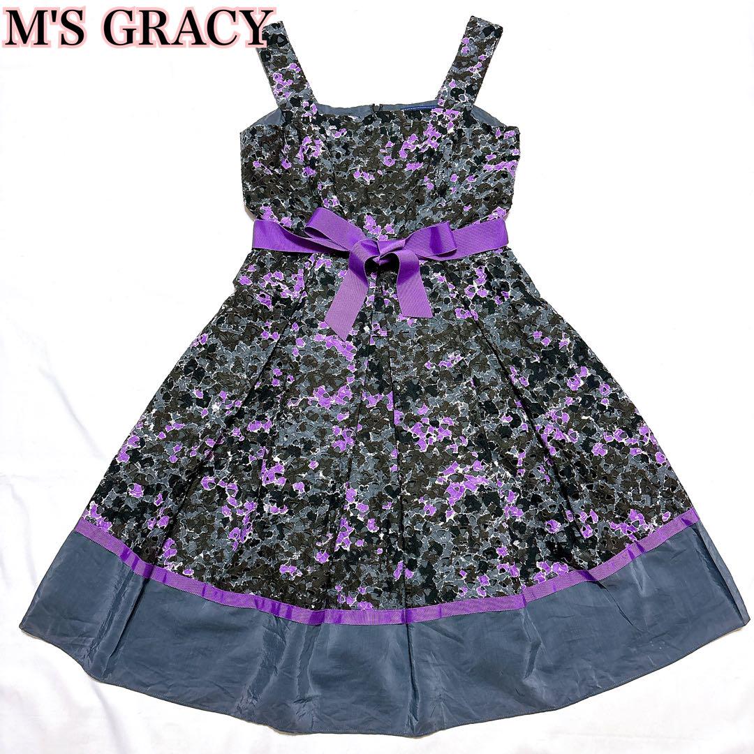 M'S GRACY パープル ブラック ウエスト リボン レース 花 ワンピースワンピース