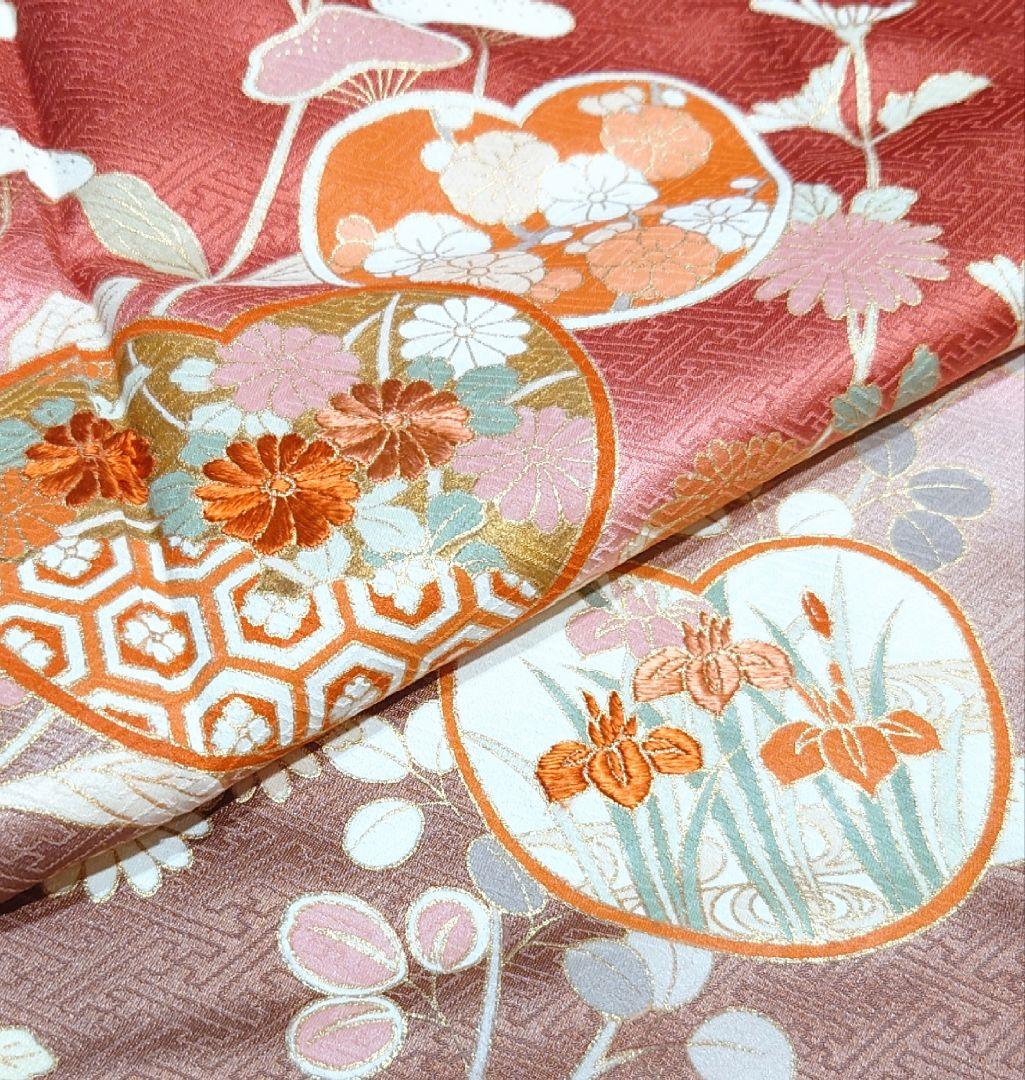 2098.猪目に草花 ぼかし染 蘇州刺繍 訪問着 共八掛 袷 金彩 正絹