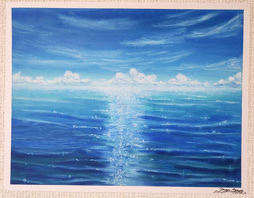 風景画 海の絵 パステル アート 自然 絵画 夏 空の絵 オイル