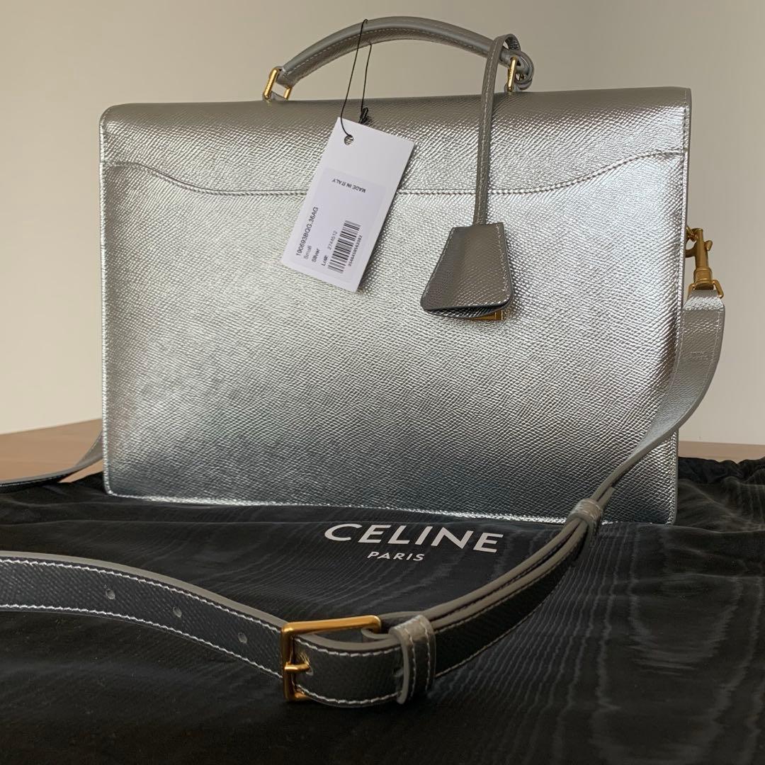 CELINEシルバー ラミネートカーフスキン ブリーフケース 南京錠付イタリア製