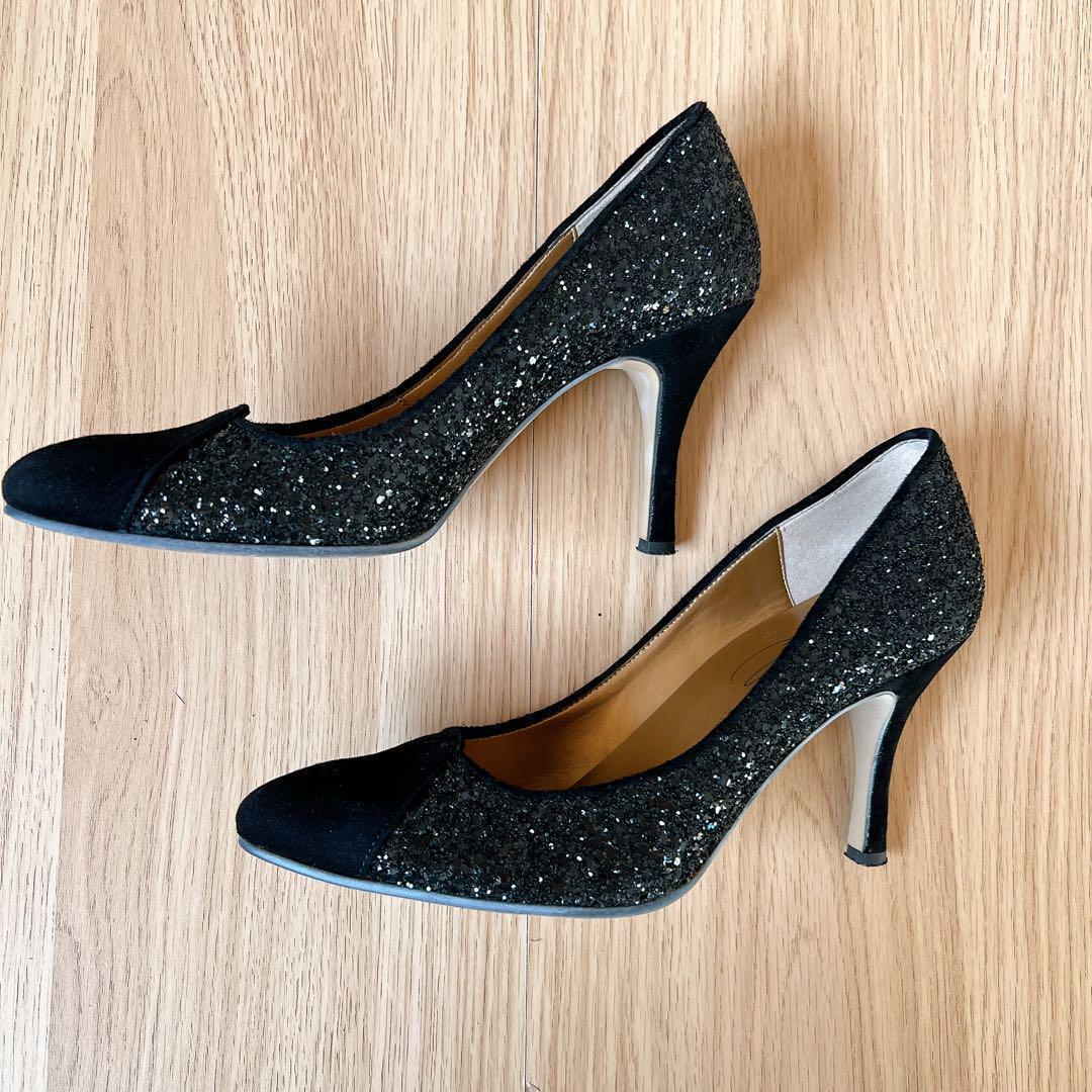 レディース パンプス ヒール キラキラ　9cm 黒 結婚式 パーティー 24cm