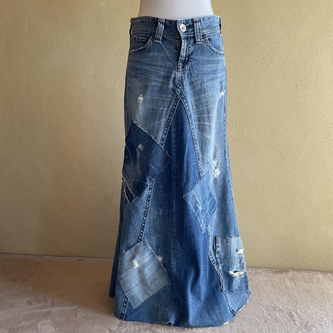 ハンドメイド　デニムリメイク　ロングスカート