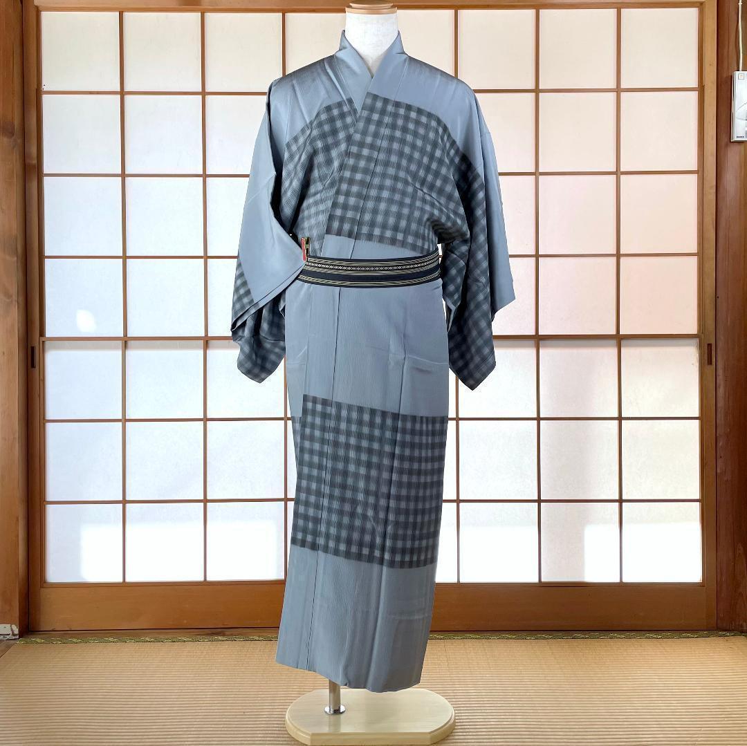 メンズ長襦袢 正絹 チェック 風景 着物 kimono A-0590